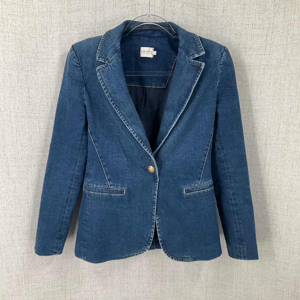 Alice + Olivia Blazer Women 4 Blue Denim Single Button Tailored Classic Luxury